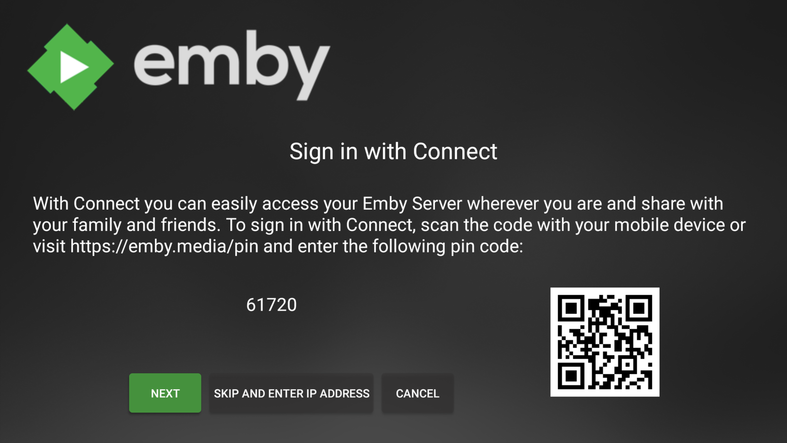 Emby app Connect screen showing a PIN and QR code