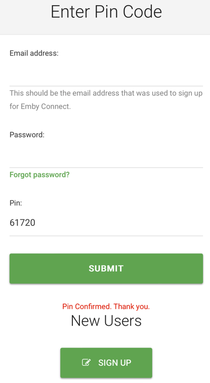 Emby PIN entry page with the code entered